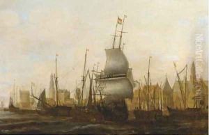 Three Masters and other vessels moored at a quay by Jacob Adriaensz. Bellevois