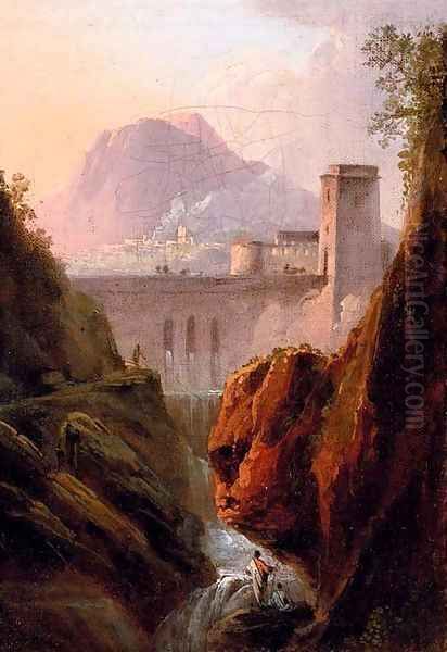 A capriccio with figures by a waterfall, a dam beyond - view 1