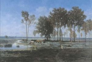 Cows And A Shepherdess Near A Stream In A Landscape by Leonce Chabry