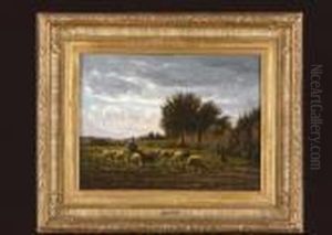 Le Troupeau Du Jeune Chicore, En Paturage, A Barbizon by Jean-Ferdinand Chaigneau