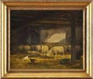 Berger Avec Ses Moutons Dans Une Etable by Jean-Ferdinand Chaigneau