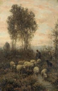 Abendliche Heidelandschaft Mit Schafhirten. by Jean-Ferdinand Chaigneau