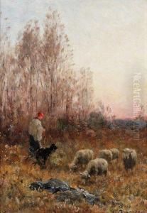 Bergere Et Ses Moutons A Barbizon by Jean-Ferdinand Chaigneau