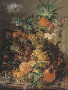 Peaches, plums, grapes, lemons, a melon, a pineapple and rosehips on a stone ledge with a bee by Paul-Theodor Van Brussel