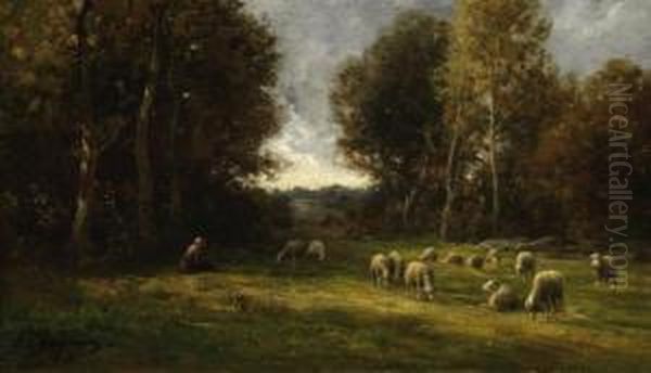 Shepherdess With Her Sheepherd In A Forest Glade - view 1
