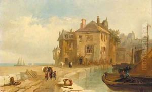Figures carrying sacks on a French harbour wall; and Figures unloading a boat at low tide