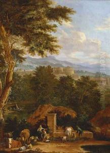 Drovers with cattle at a fountain in an Italianate landscape by Pieter Bout