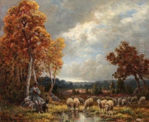 Berger Et Ses Moutons Pres De Barbizon by Paul Chaigneau