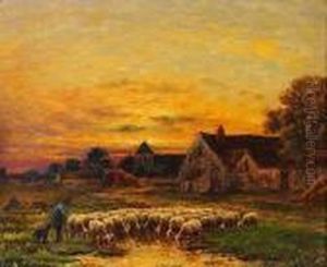 Berger Et Son Troupeau De Moutons Au Soleil Couchant by Paul Chaigneau