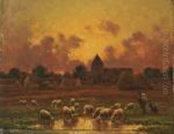 Berger Et Son Troupeau Devant Le Villagede Chaillyen- Biere - view 1