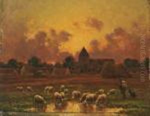 Berger Et Son Troupeau Devant Le Villagede Chaillyen- Biere by Paul Chaigneau