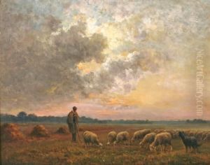 Le Troupeau A La Mare Soleil Couchant by Paul Chaigneau