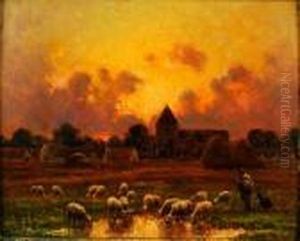 Troupeau De Moutons S'abreuvant Au Coucher De Soleil by Paul Chaigneau