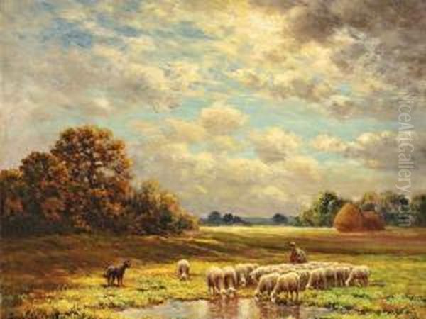 < Le Pere Chicoree Et Son 
Troupeau Achailly > Huile Sur Toile. Signee En Bas A Gauche. 34 X 41 Cm - view 1