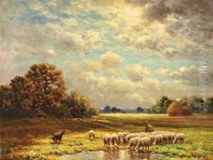 < Le Pere Chicoree Et Son 
Troupeau Achailly > Huile Sur Toile. Signee En Bas A Gauche. 34 X 41 Cm