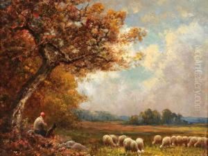 < Les Moutons, Plaine De Chailly >huile Sur Panneau. Signee En Bas A Gauche. 22 X 27 Cm by Paul Chaigneau