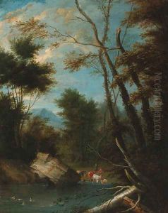 A wooded landscape with shepherds watering cattle and sheep at a pool by Pieter Bout