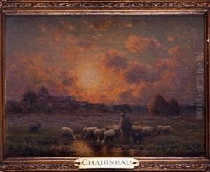 Berger Et Ses Moutons Au Soleilcouchant by Paul Chaigneau