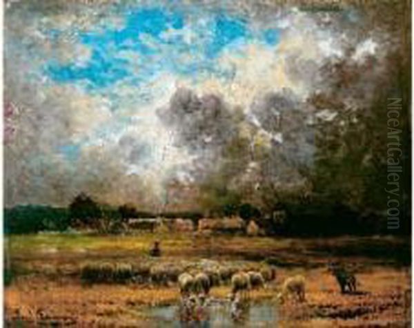 Berger Et Troupeau De Moutons Sous Un Ciel Orageux - view 1
