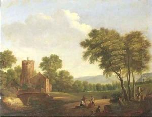 A wooded landscape with travellers resting by a tree by Pieter Bout