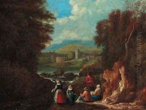 A wooded landscape with washerwomen at a riverside by Pieter Bout