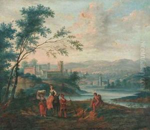 Muleteers and shepherds on tracks in riverlandscapes by Pieter Bout