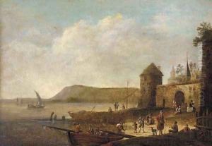 A coastal inlet with figures on the shore near a town by Pieter Bout