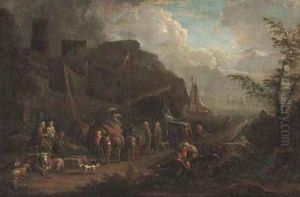 A harbour scene with stevedores on the shore by Pieter Bout