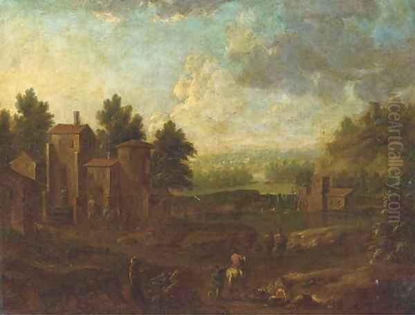 A river landscape with figures on a track, a village beyond - view 1