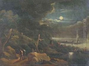 A coastal landscape by moonlight with travellers on a path and figures in a rowing boat by Pieter Bout
