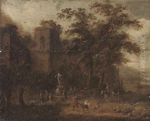 A wooded landscape with shepherds conversing by a fountain, classical ruins beyond - view 1