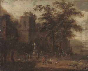 A wooded landscape with shepherds conversing by a fountain, classical ruins beyond by Pieter Bout