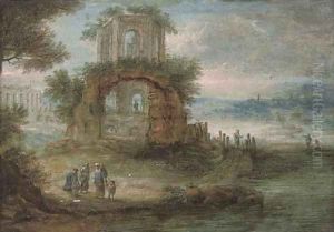 A wooded river landscape with travellers at rest by classical ruins by Pieter Bout