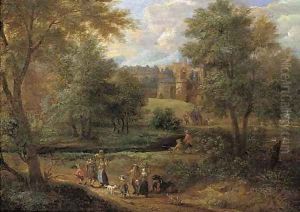A Wooded River Landscape With Travellers On A Path And Anglers By A River, A Town Beyond by Pieter Bout