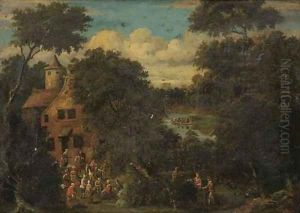 A wooded river landscape with villagers gathered in the foreground by Pieter Bout