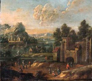 Travellers on a path by a ruined castle