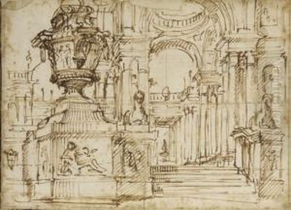 Interieur D'une Eglise Avec Des
Sphinx Au Pied D'un Escalier Montant Vers Une Coupole, Une Amphore Sur
Un Piedestal Vers La Gauche - view 1