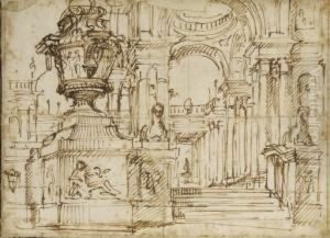 Interieur D'une Eglise Avec Des
Sphinx Au Pied D'un Escalier Montant Vers Une Coupole, Une Amphore Sur
Un Piedestal Vers La Gauche by Charles Michel-Ange Challe