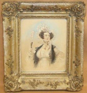 Half-length Portrait Of A Lady Holding Afan by Alfred-Edward Chalon
