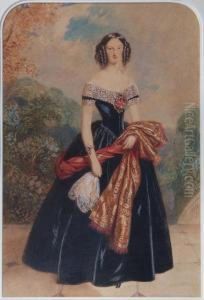 Portrait Of A Victorian Beauty Wearing Lace Trimmedblack Dress by Alfred-Edward Chalon