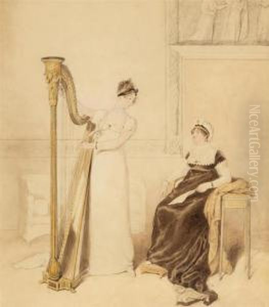 Portrait Of Lady Playing The Harp And Lady With A Letter. - view 1