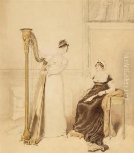 Portrait Of Lady Playing The Harp And Lady With A Letter. by Alfred-Edward Chalon