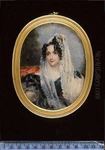 A Lady, Wearing Black Dress With
Puffed Sleeves And Lace Trim, White Veil, Her Hair In Ringlets, Seated
On Red Upholstered Chair In Woodland. - view 1