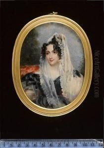 A Lady, Wearing Black Dress With
Puffed Sleeves And Lace Trim, White Veil, Her Hair In Ringlets, Seated
On Red Upholstered Chair In Woodland. A Lady, Wearing Black Dress With
Puffed Sleeves And Lace Trim, White Veil, Her Hair In Ringlets, Seated
On Red Upholstered Chair In Woodland.