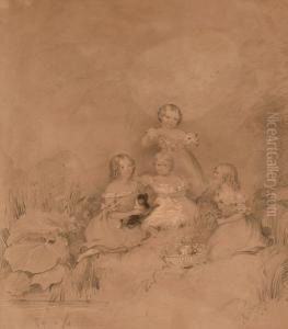 Four Sisters And Their Dog By A Pool. Four Sisters And Their Dog By A Pool.