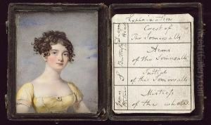 A Lady Of The Somersall Family, 
Wearing Low Cut Yellow Dress With White Seams And A Pearl-trimmed Ruby 
Brooch At Her Corsage, Her Dark Curled Hair Upswept