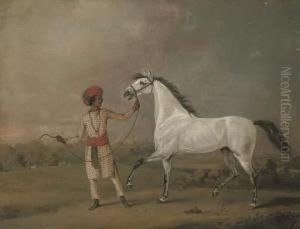 An Arab Stallion Held By An Indian Groom In An Exotic Landscape, Figures Beyond