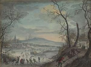 Winter Landscape With Ice Skaters On A Lake by Louis Chalon