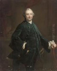Portrait Of A Gentleman,
Three-quarter-length, In A Blue Velvetcoat And Waistcoat, A Black And
Gold Embroidered Hat In His Righthand by Mason Chamberlin
