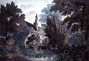 Landscape with house by a pond by James Bourne